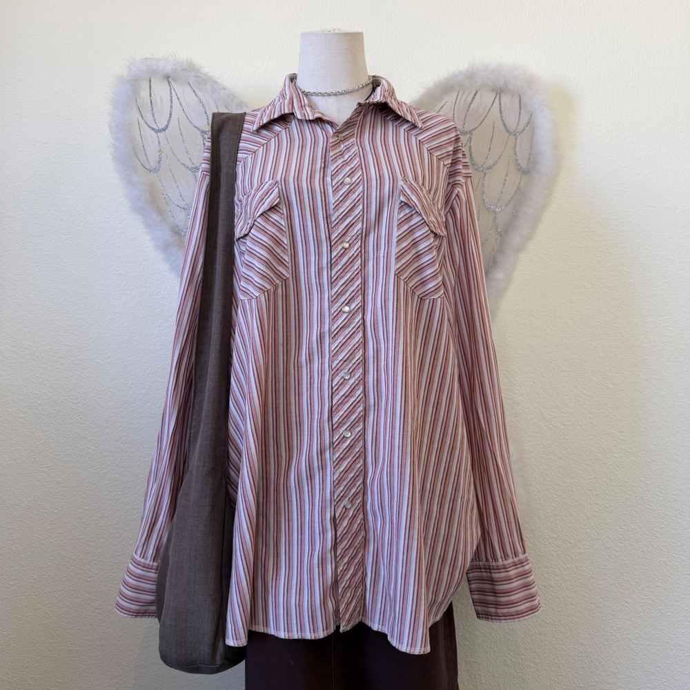 Indie Grunge Western Shirt Long Sleeve Stripe Pearl Snap Oversized Funky Orange‎